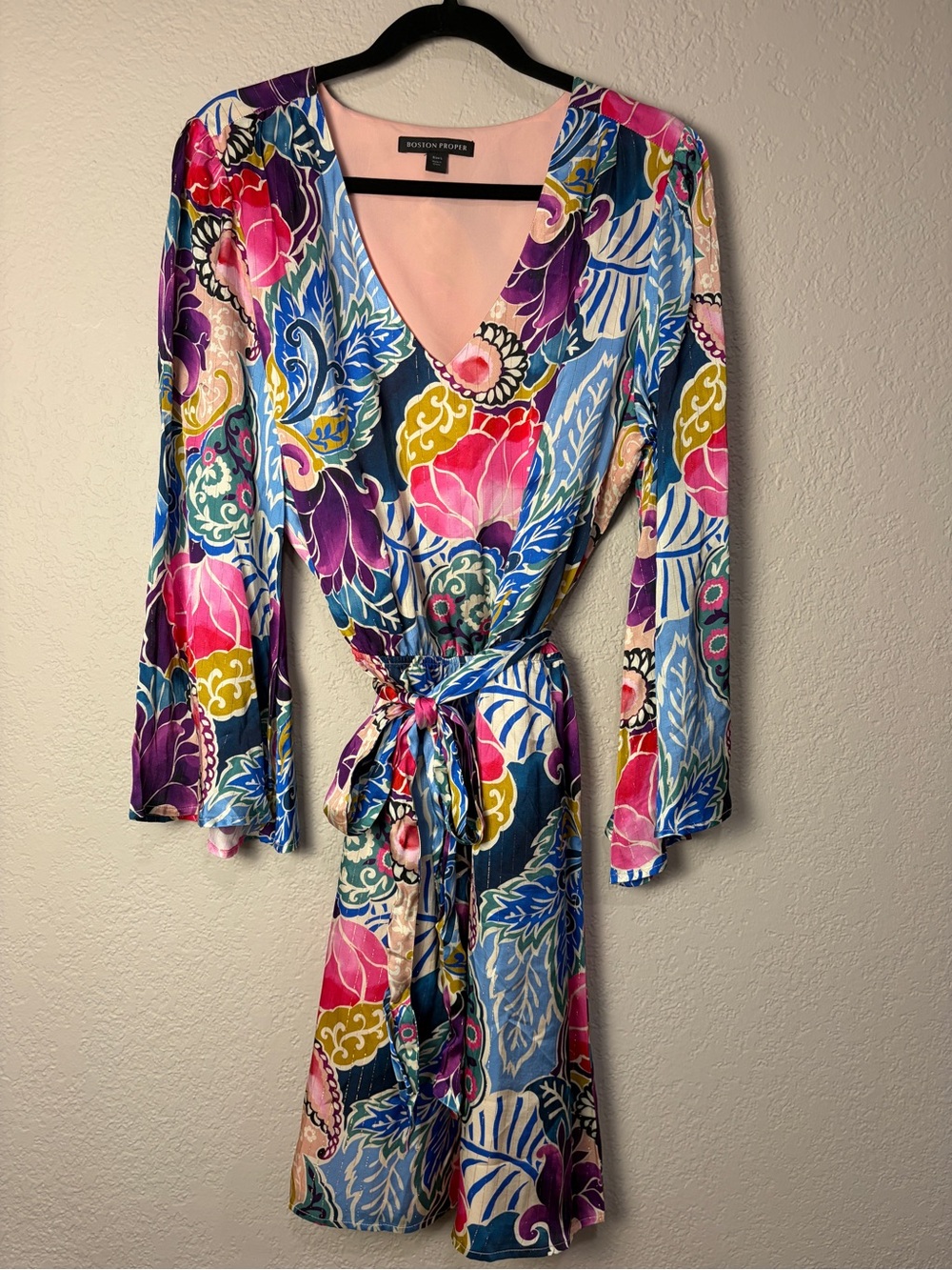 Boston Proper Large Colorful Floral Paisley Wrap Dress Bell Sleeve Resort Boho